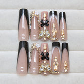 VIBEFICANT GLAZE French Tip Long Square Sparkly Rhinestone Design Press on Nails